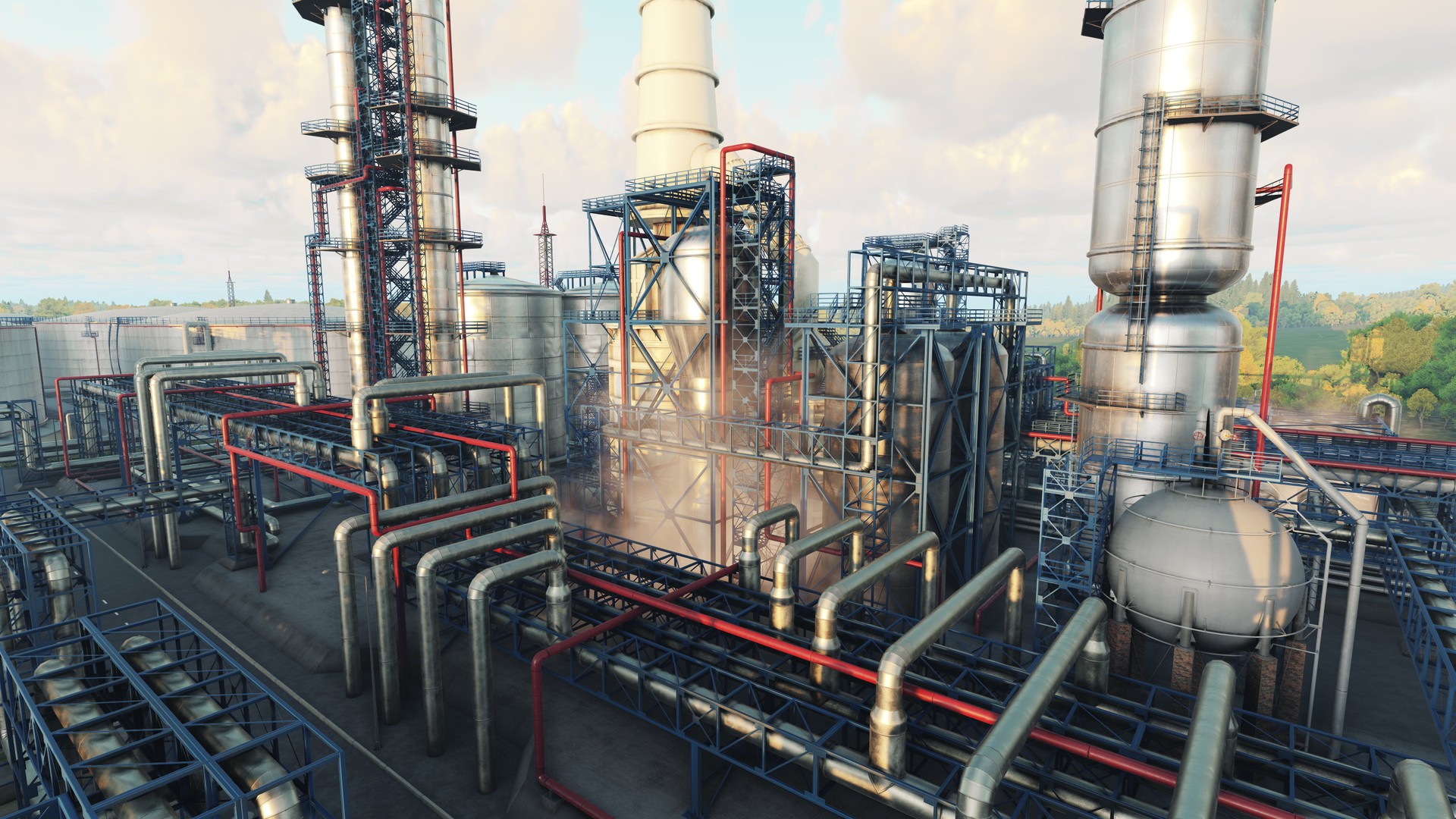Oil refinery, industrial enterprise, oil refining into gasoline, aviation kerosene, fuel oil, diesel fuel, lubricating, lubricants, bitumen, petroleum coke, raw materials for petrochemicals. 3D render